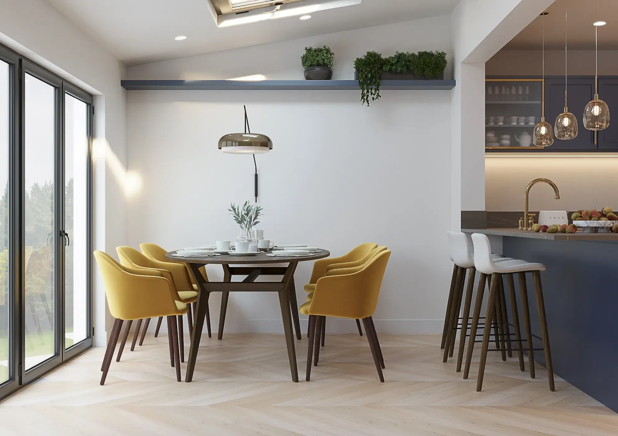 Dining area with mustard chairs and sliding garden doors, Loveday House