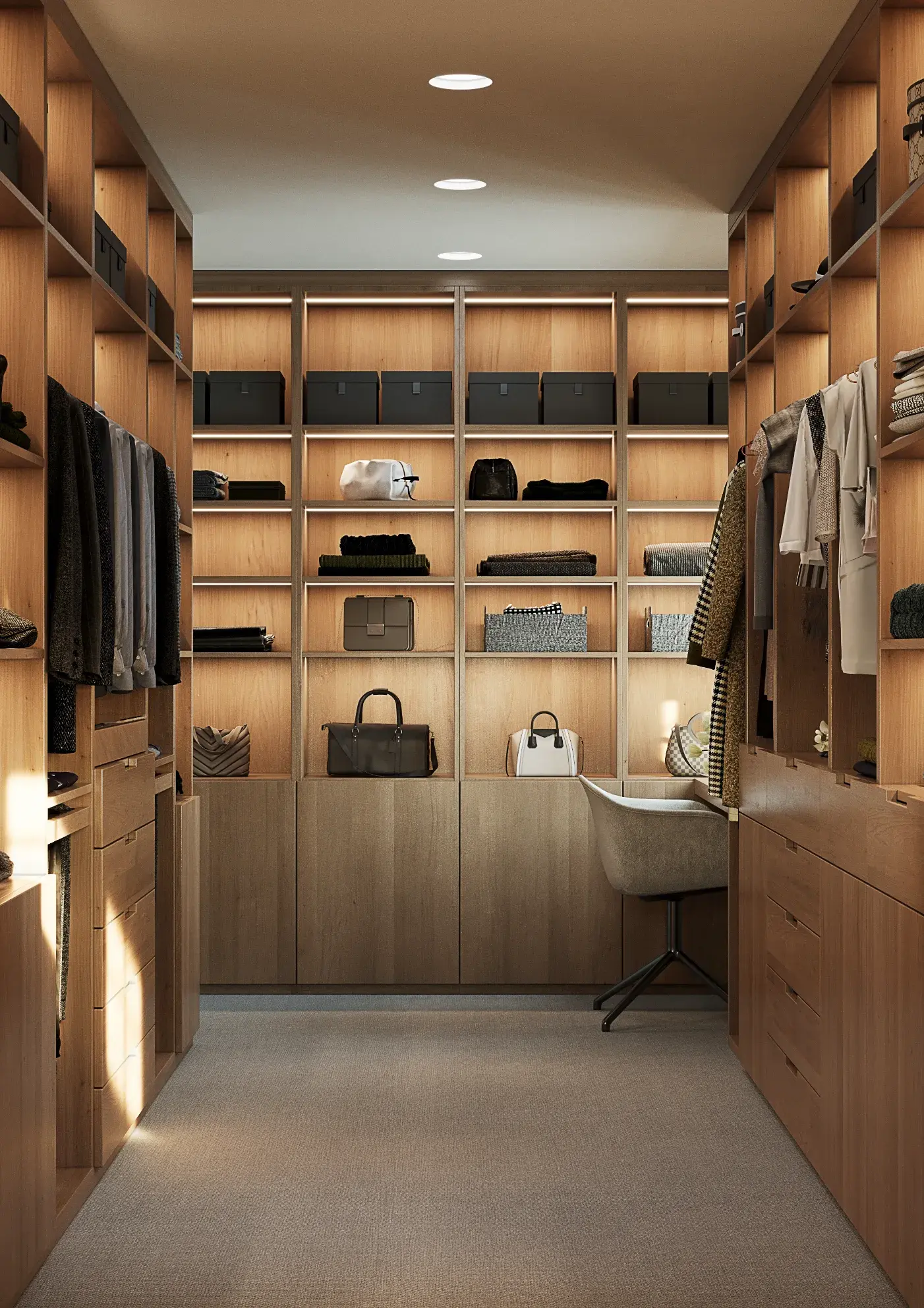 Walk-in wardrobe with bespoke oak joinery, Benton House