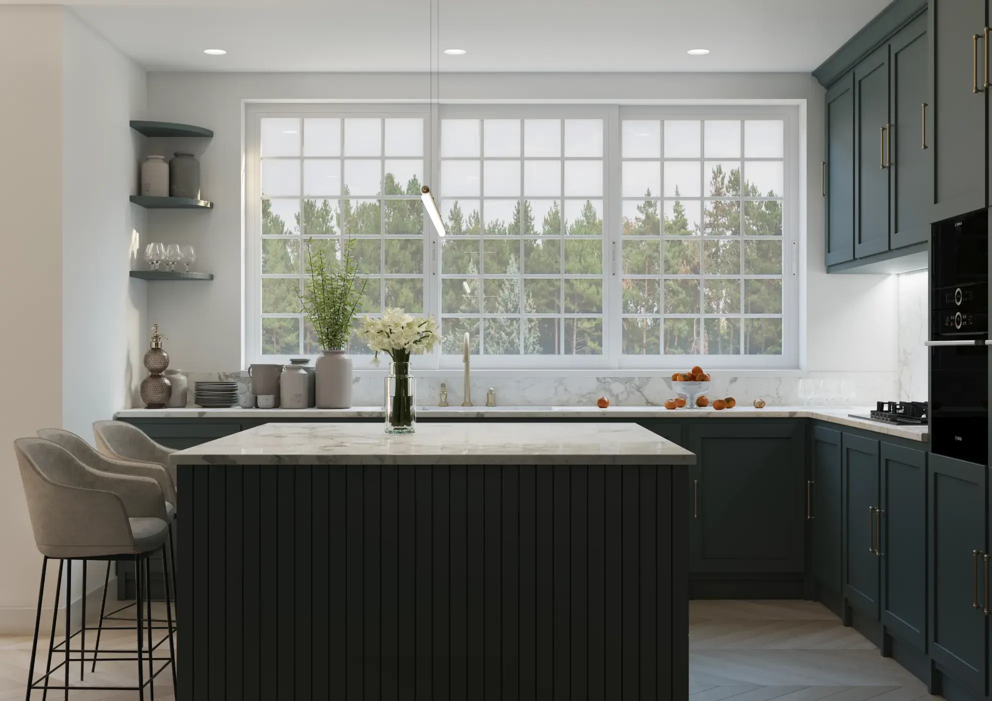 Kitchen with central island and garden views, Benton House, Radlett