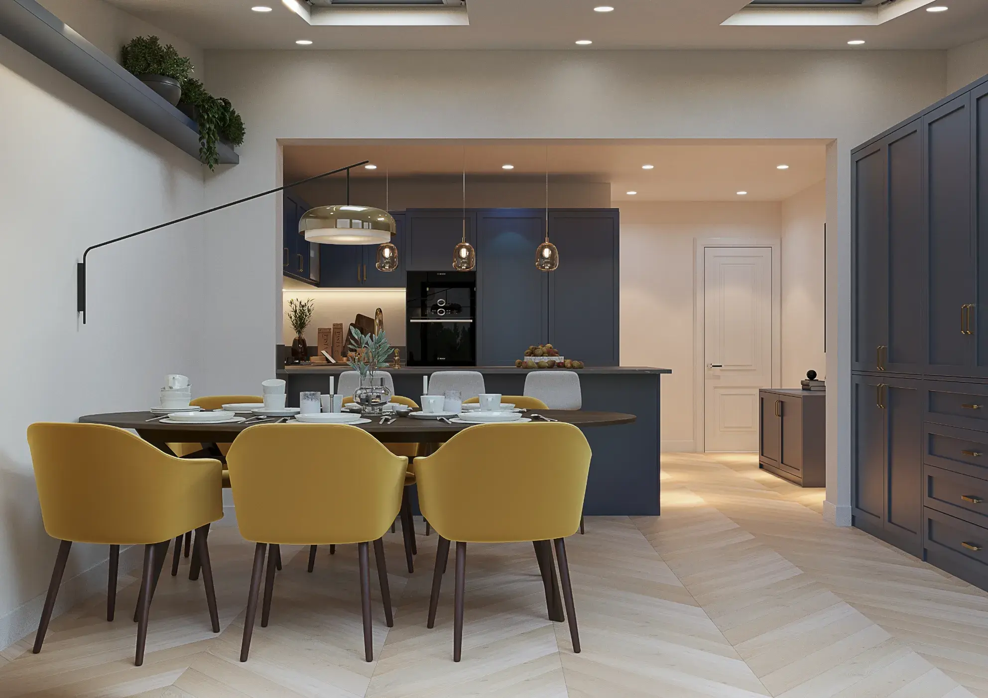 Kitchen-diner with island and navy cabinetry, Loveday House refurbishment