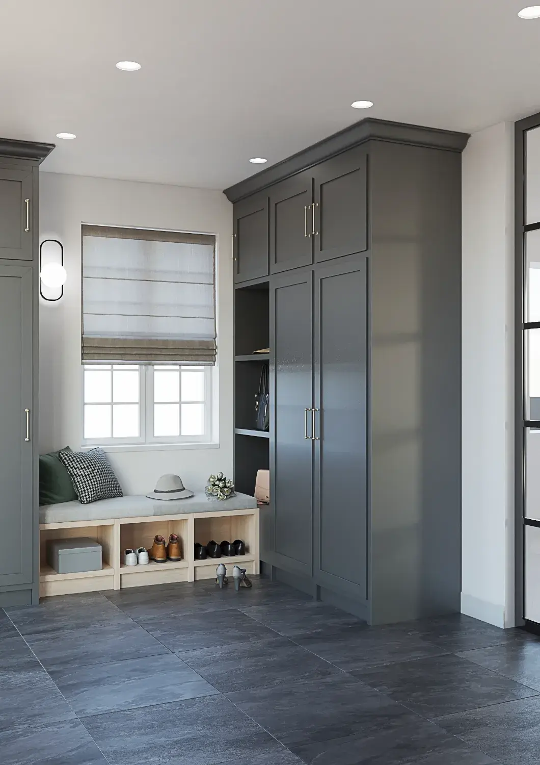 Boot room with built-in storage and window seat, Benton House