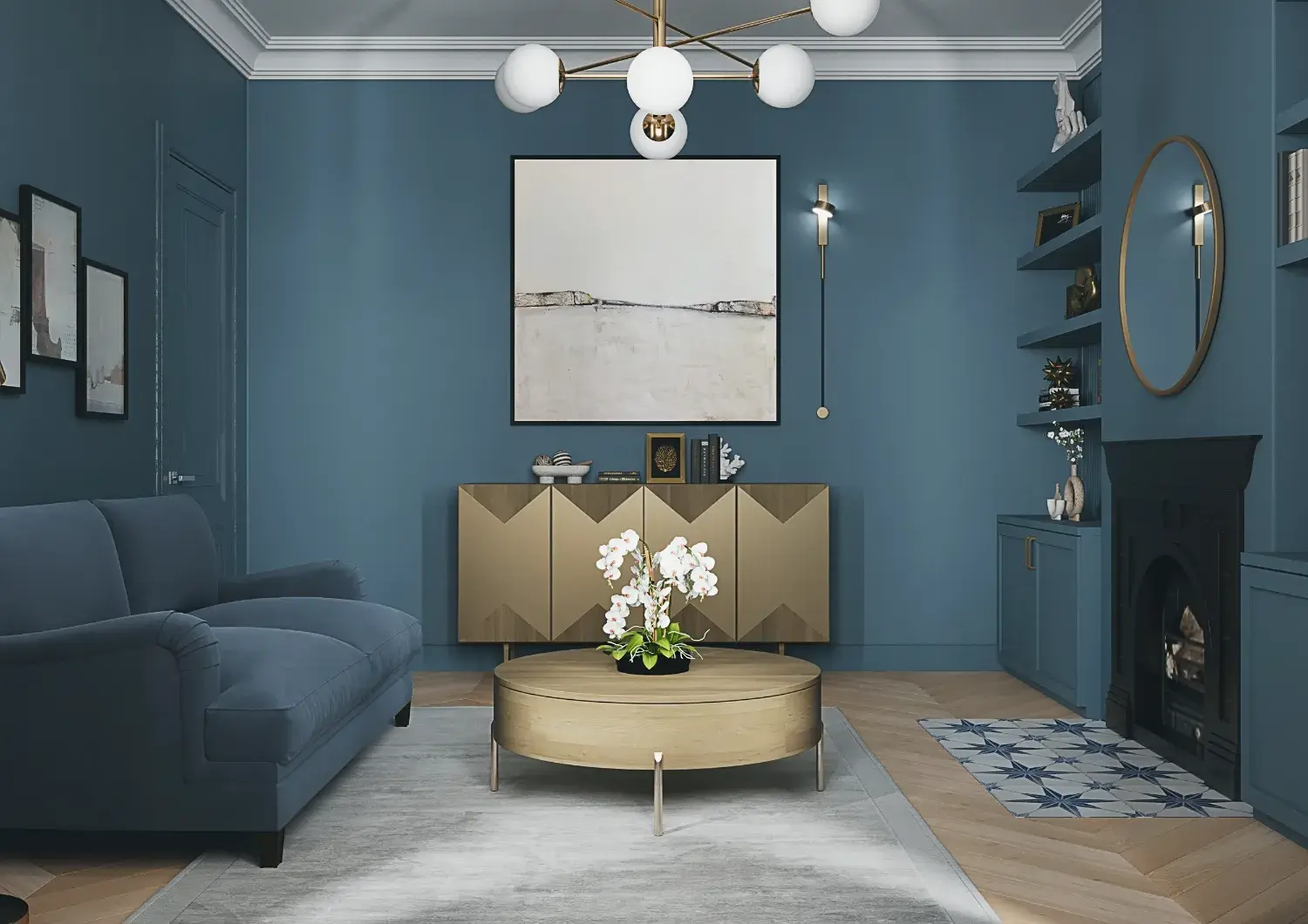 Living room with teal walls and brass furniture, Loveday House