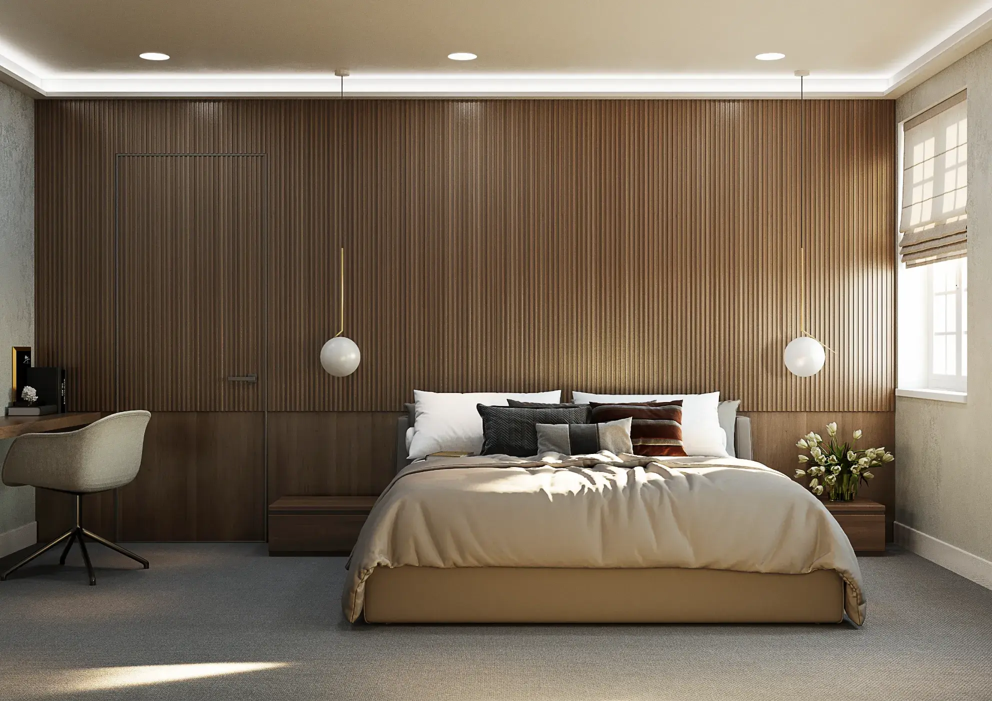 Bedroom with bespoke fluted timber wall, Benton House