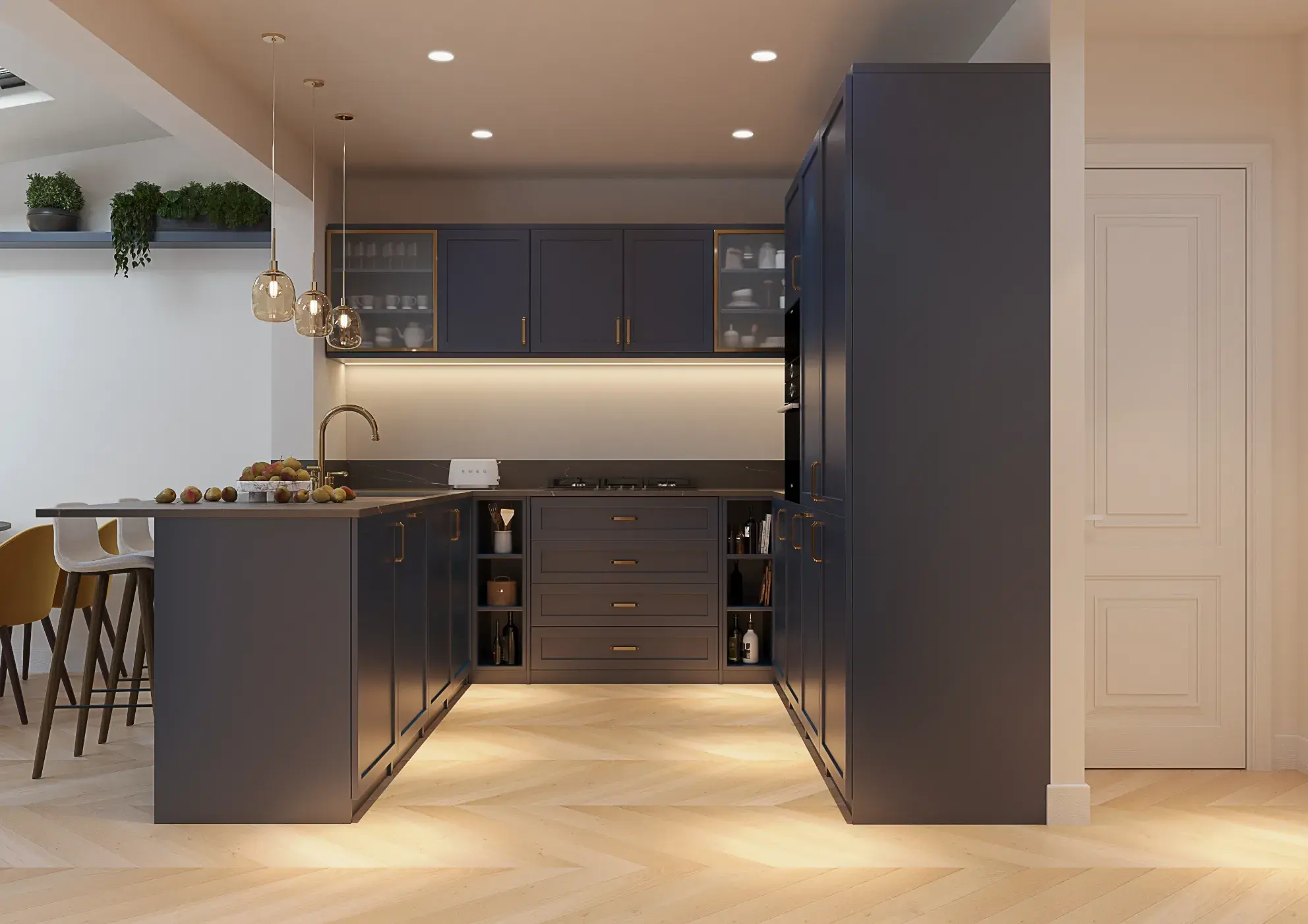 Navy kitchen with tall larder units and pendant lights, Loveday House