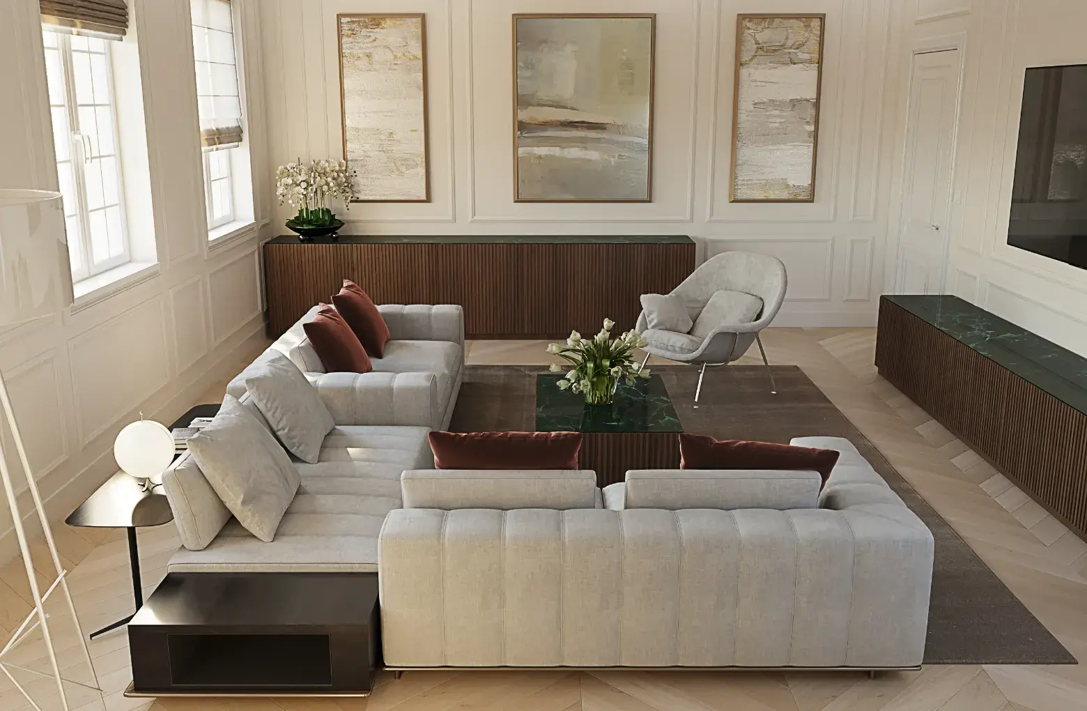 Living room with bespoke joinery and sectional sofa, Benton House