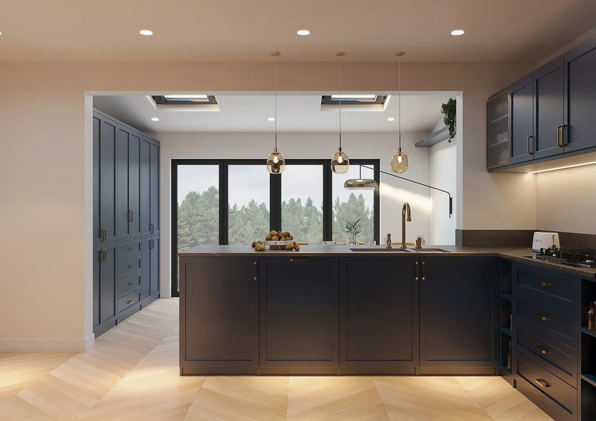Open-plan kitchen with navy shaker units and rooflights, Loveday House, Ealing