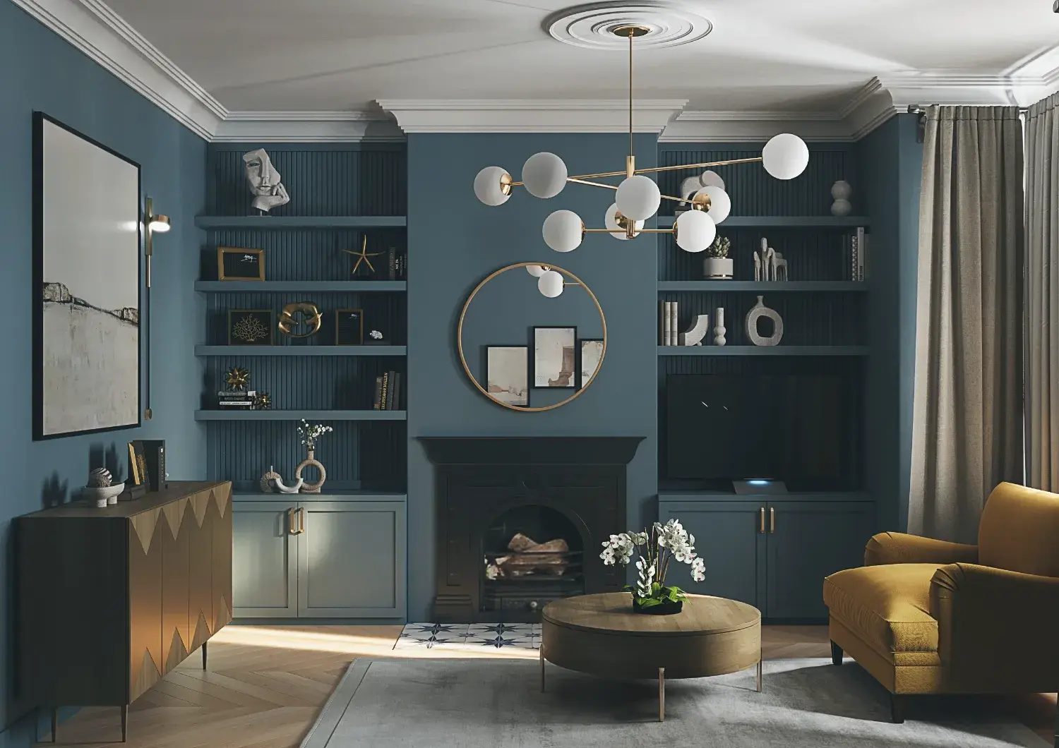 Reception room with built-in shelving around the fireplace, Loveday House